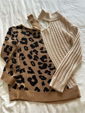 Two-Tone Leopard & Cable Knit Cold-Shoulder Sweater - Beige/Tan